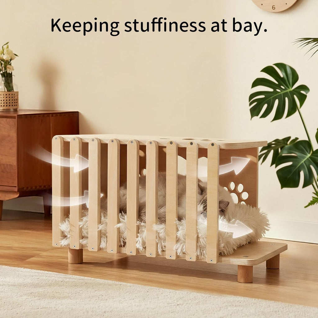 4-in-1 Wooden Cat Beds for Indoor Cats, Breathable Cat Cave with Washable Cushion Cat House