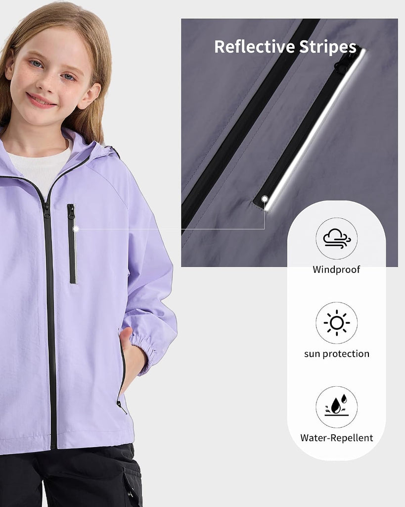 Girls Rain Jacket Lightweight Waterproof Hooded Kids Raincoat