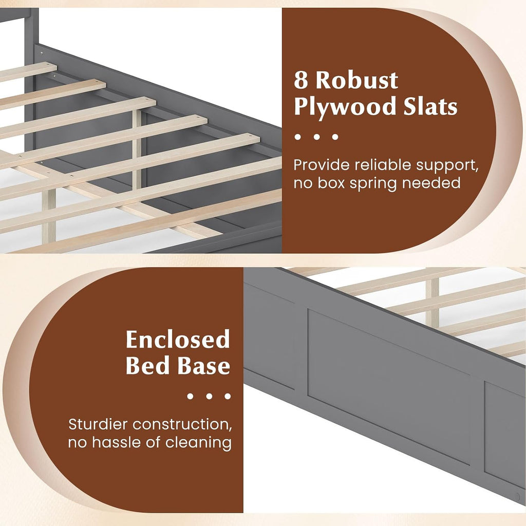 Full Size Wood Platform Bed Frame with 2 Storage Drawers and Headboard, Enclosed Base, Grey