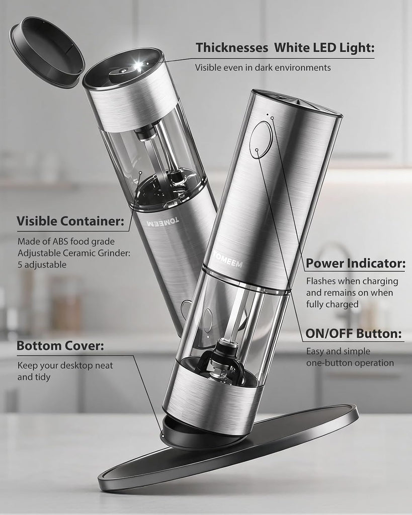 Larger Capacity Rechargeable Electric Salt and Pepper Grinder Set - Set of 2