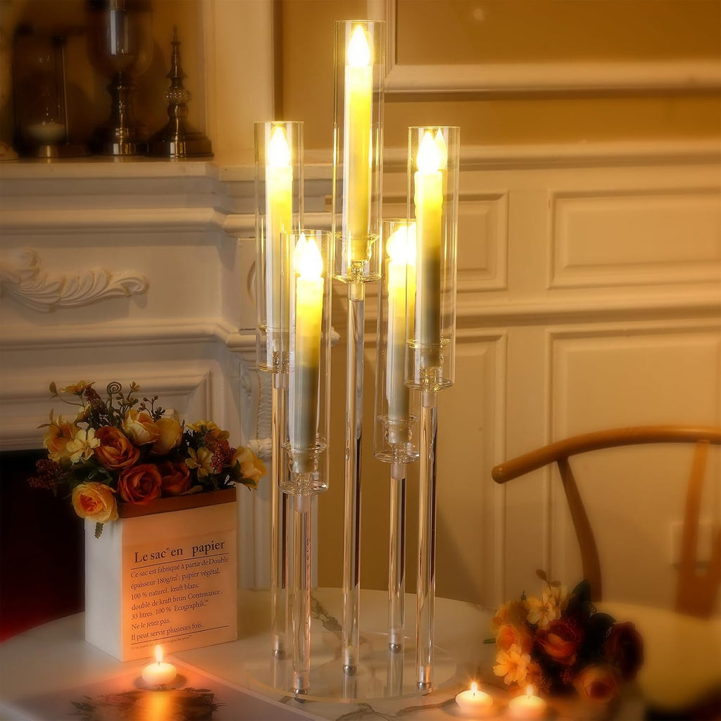 8 Sets 5 Arm Acrylic Candelabra Holder Floor Clear Candle Centerpieces with LED Candles and Shade for Proposal