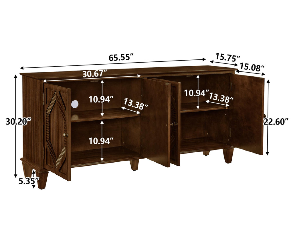 65" Mid Century Sideboard Buffet Cabinet with Solid Wood Legs, Accent Storage Cabinet Credenza with 4 Doors (Walnut)