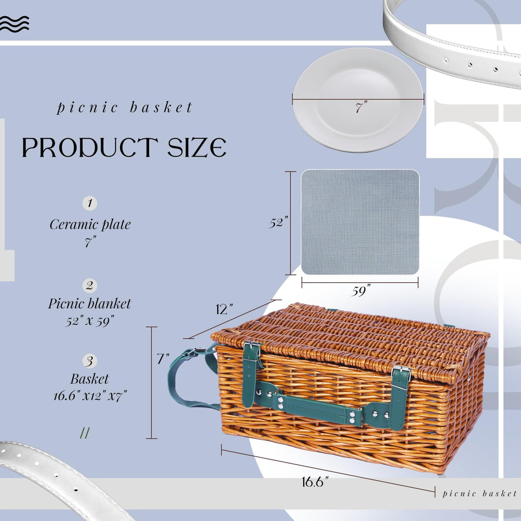 Wicker Picnic Basket Set for 4, Blanket, Cooler Bag, Cottage Plaid