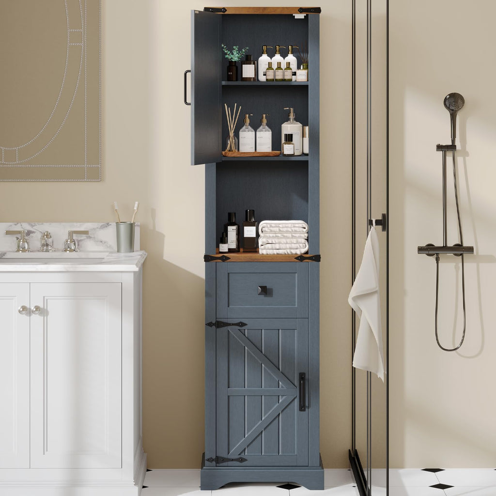 66" Tall Farmhouse Bathroom Storage Cabinet with Barn Doors, Blue