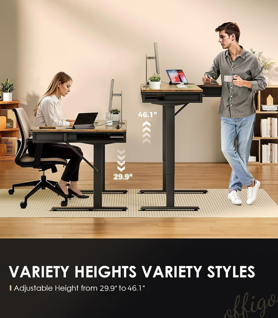 63 Inch L Shaped Electric Standing Desk with 4 Drawers, Rustic Brown | Reversible Corner Table, Office Desk With 4