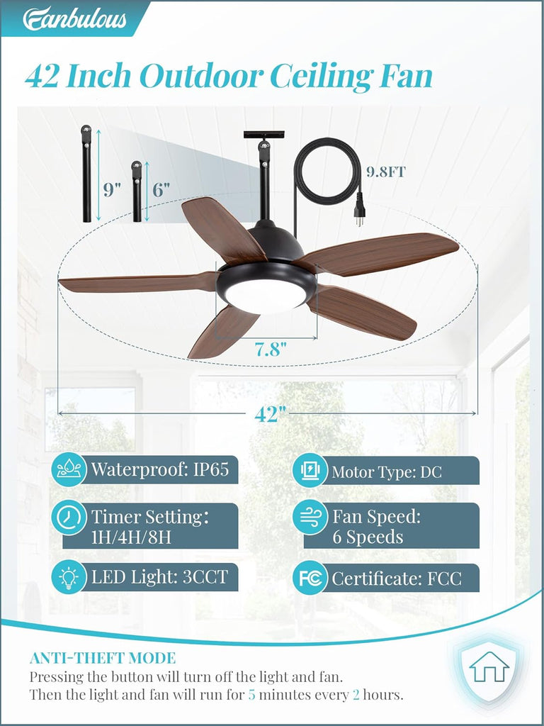 42 Inch Wet Rated Outdoor Ceiling Fan with Lights and Remote,IP65 Hanging Gazebo Fan with 3CCT 6-Speed DC Motor,Brown Waterproof Plug in Ceiling Fan with Cord for Patios Porch Pergola Pavilion A101-B0DPHJ4BPS