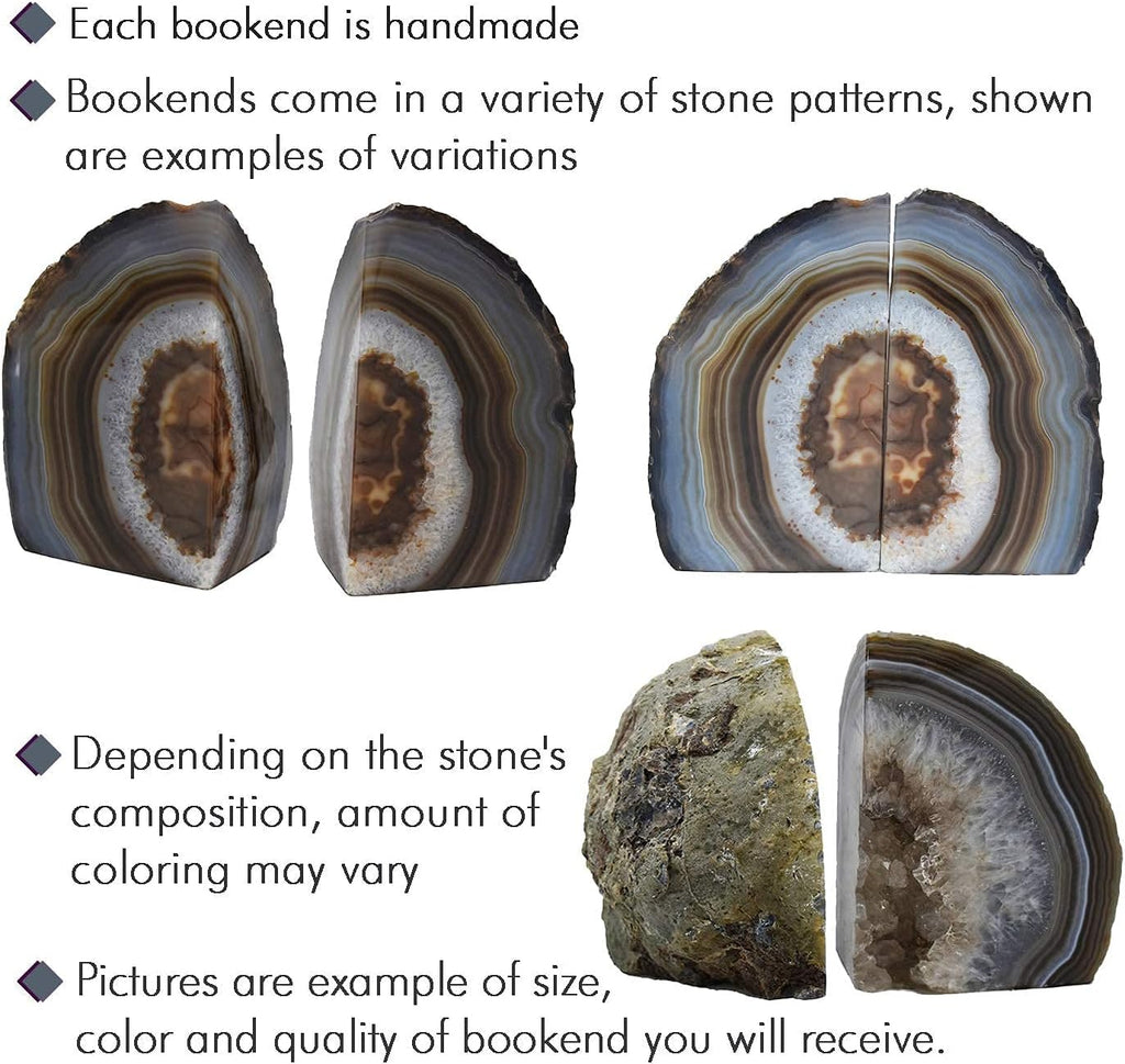 Agate Geode Bookends with Rubber Bumpers Premium Quality 3 to 5 lbs Set of Non-Skid Book Stopper for Books, Shelves