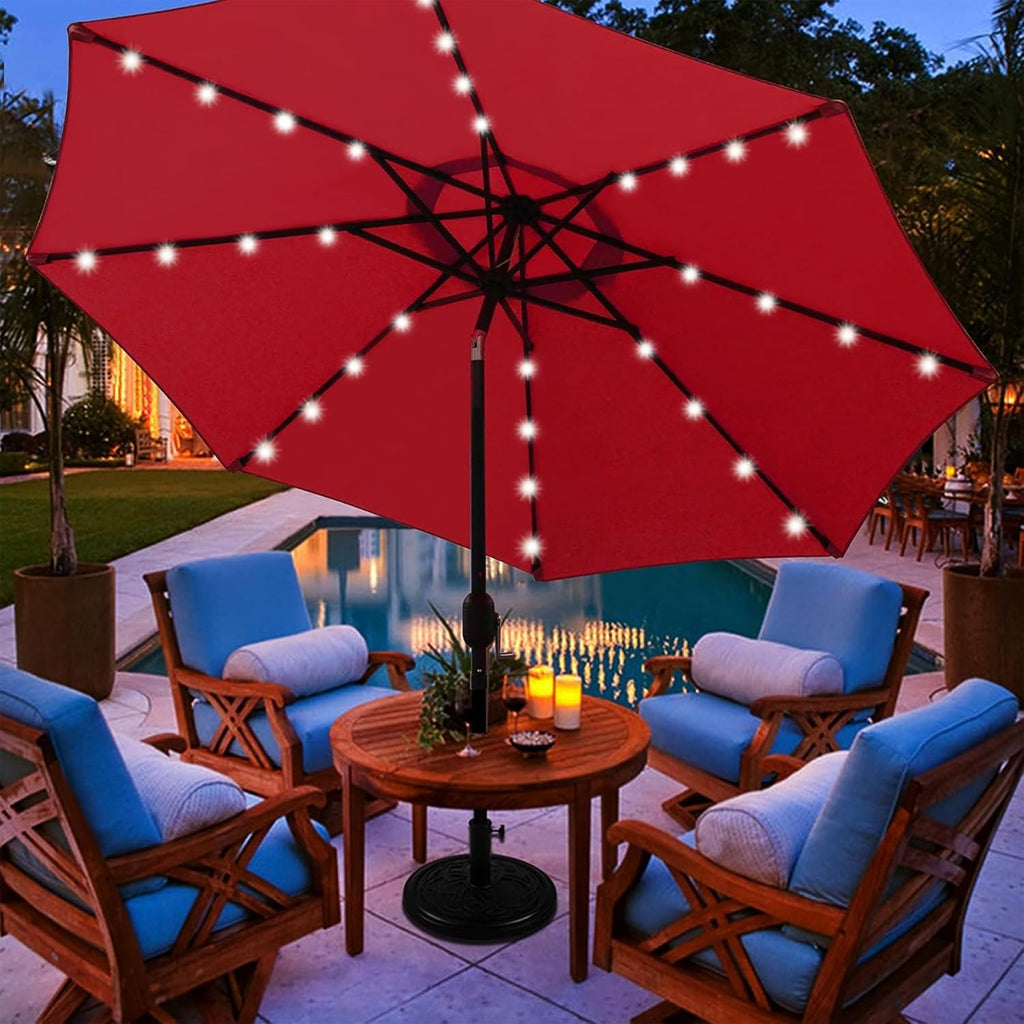 9 ft Solar Umbrella, 32 LED Lighted Patio Umbrella, Table Market Umbrella, Outdoor Umbrella Pool and Beach (Red)