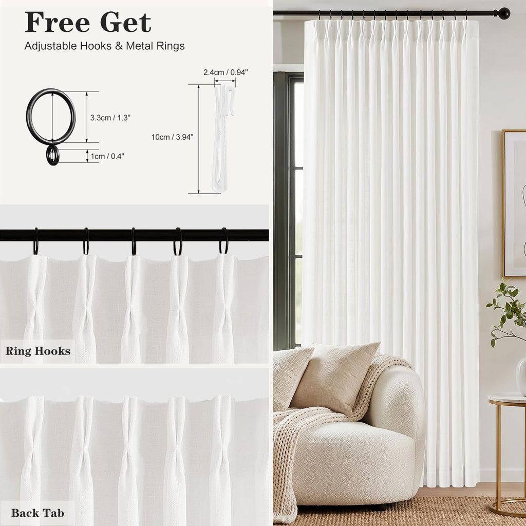 90 Inch Pinch Pleated Sheer Linen Blend White Curtains