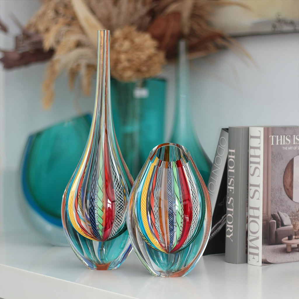 Murano Style Art Glass Drop Vase Hand Blown Colored Boho Effect Home Decor | Hand Blown Glass Drop, Decorative Table
