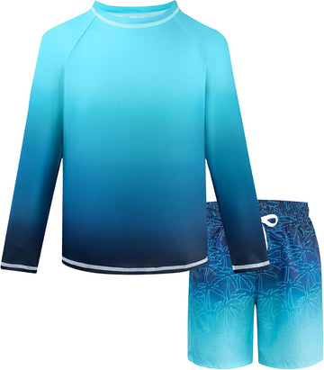 Boys Two Piece Rash Guard Swim Set Toddler Kids Long Sleeve Bathing Suit Swimwear Shirt with Trunks Quick Dry