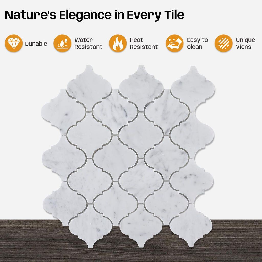 3 Inch Arabesque Carrara White Marble Mosaic Tile for Wall Floor, 5 Sheets