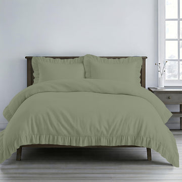 3 Pc Moss Green Ruffle Trim Duvet Cover Set Oversized King Size-100% Egyptian Cotton 600 TC -Shabby Chic Bohemian