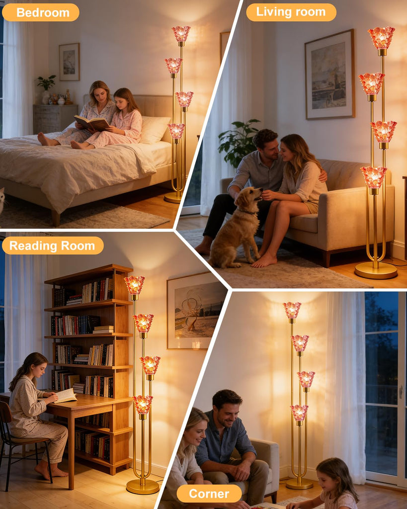 4-Light Modern Glass Floor Lamp, Gold Tall Standing Lamp with Deep Red Flower Glass Shade, Dimmable LED Floor Lamp