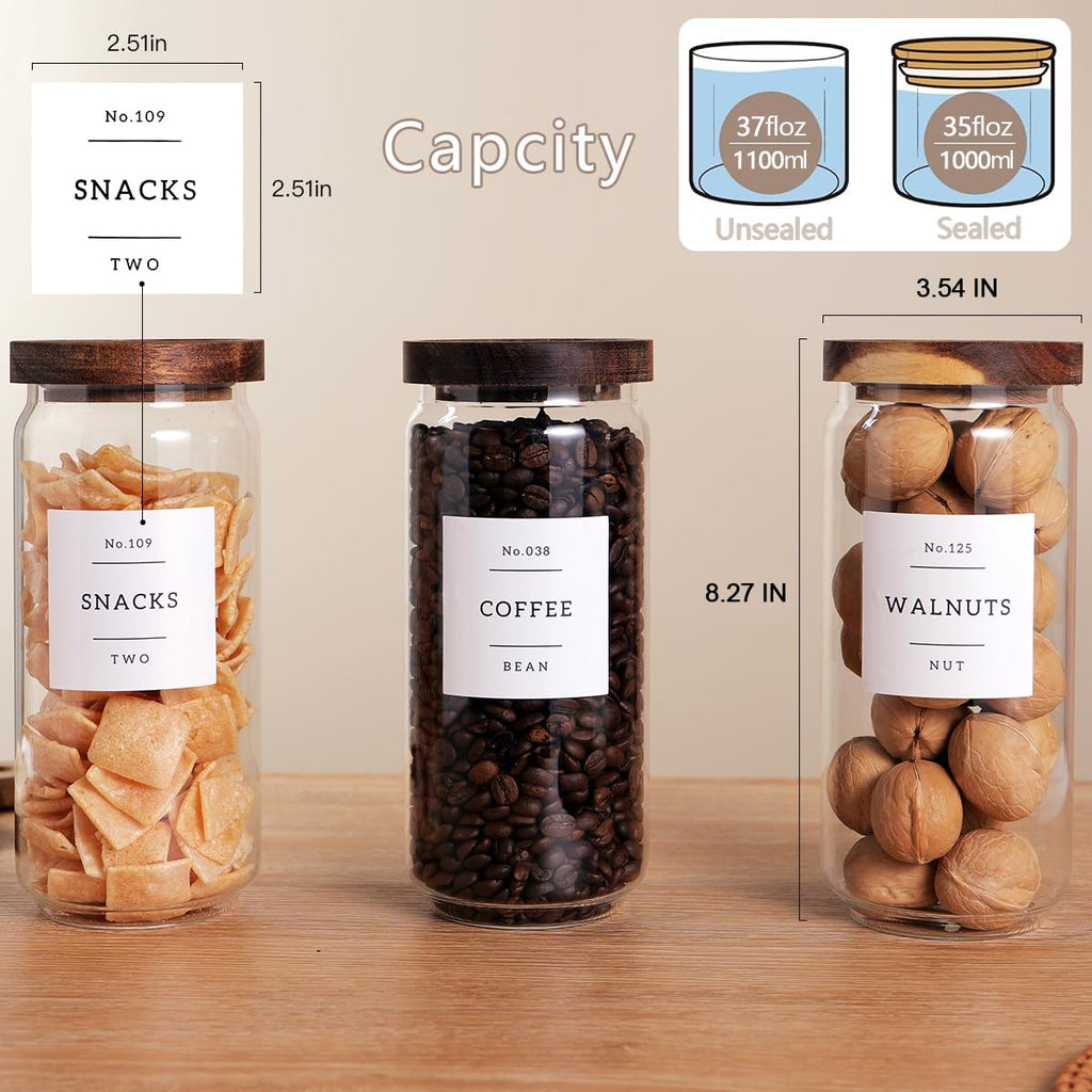 3 Set Glass Pantry Storage Jars with Acacia Airtight Lid - 35oz Thicken Glass Kitchen Canisters with 132 Pantry