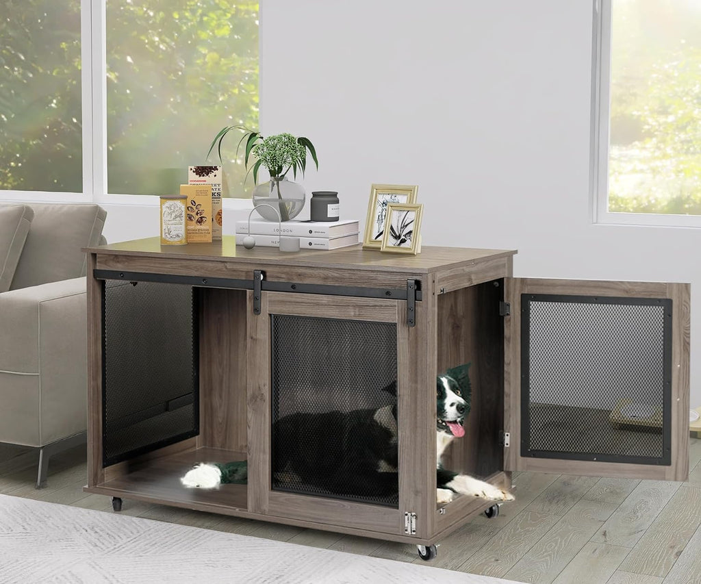 41" Grey Heavy Duty Wooden XL Dog Crate Furniture for Extra Large Dogs