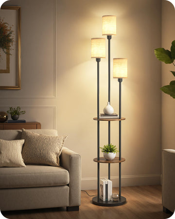 70.9" Floor Lamp with Shelves, Modern Floor Lamp with 3 Linen Shades and Foot Switch, 3-Light Standing Lamp, Study