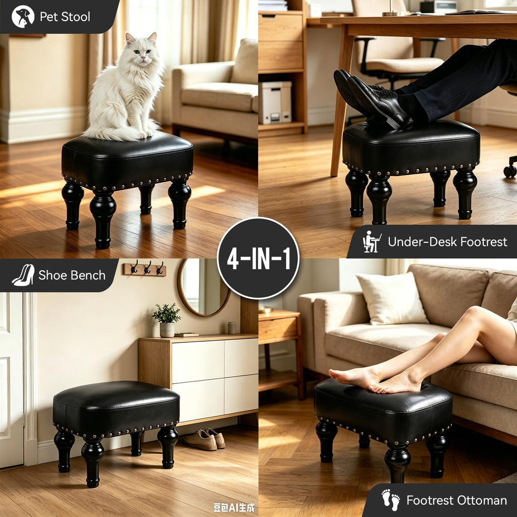 Leather Footrest Wood Ottoman, Rustic Foot Stools Seat, Wood Footstool, Rectangle Footrest Small Ottoman, Entrance Hall