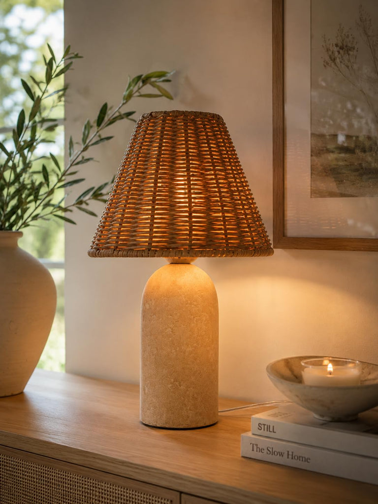 14" Small Mini Wicker Table Lamp - Handmade Ceramic Base with Rattan Shade, Dimmable Nightstand or Accent Light for