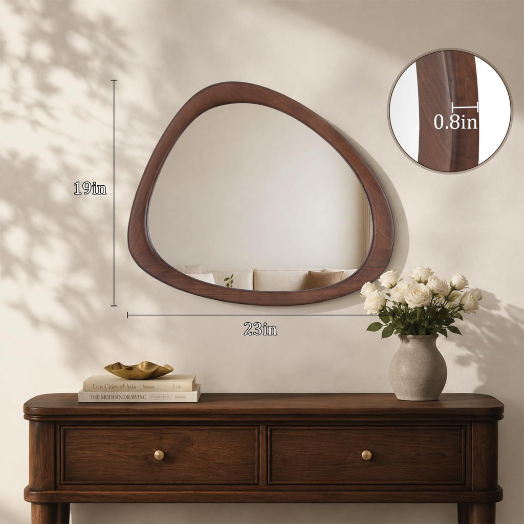 19" H x 23"W Asymmetrical Mirror, Irregular Wooden Wall Mirror - Mid-Century Modern Decorative Mirror, Solid Wood