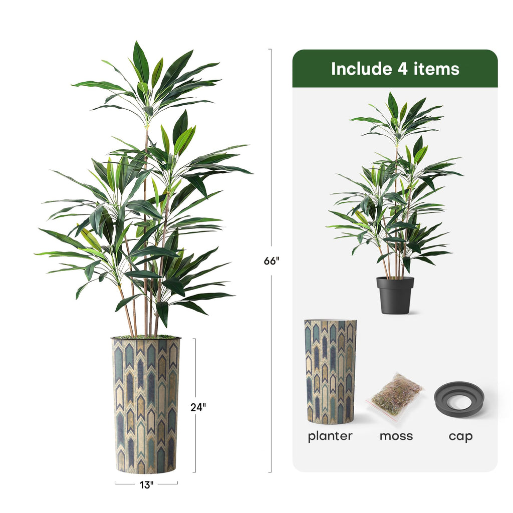 Artificial Tree in Modern Polygon Pattern Effect Planter, Fake Dracaena Tree Silk Tree for Indoor and Outdoor Home