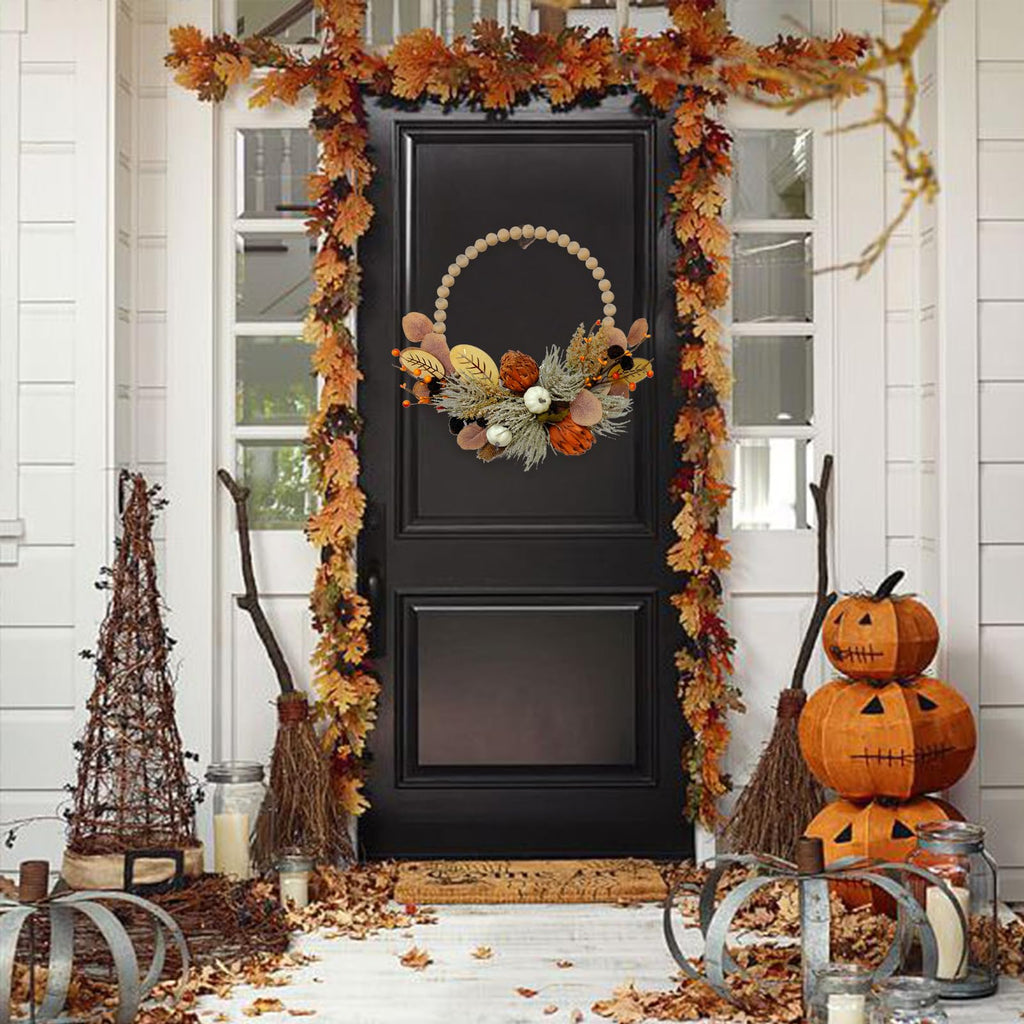 16" Artificial Fall Wooden Beads Wreath with Leaves, Chrysanthemums & Mini Pumpkins - Handcrafted Harvest Decor for