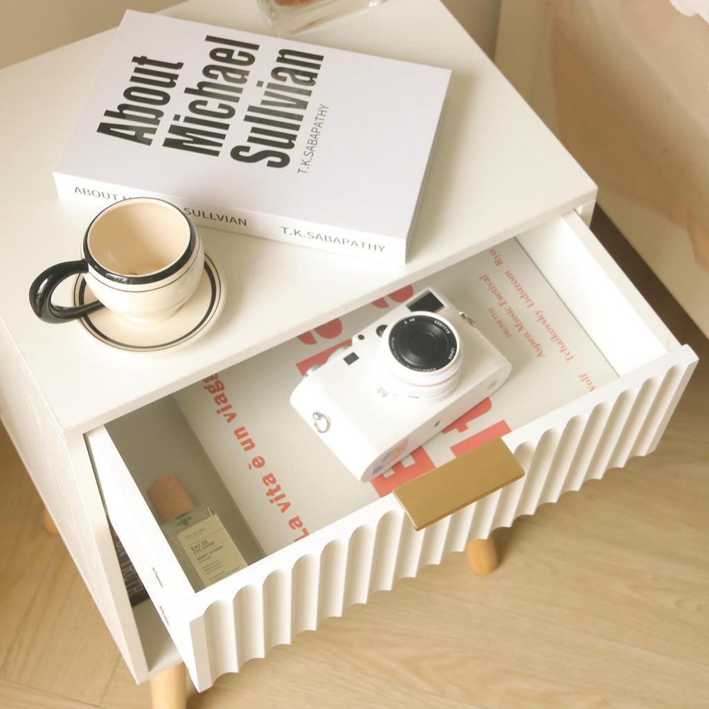 White Fluted Nightstand, Modern Bedside Table with Drawer and Shelf