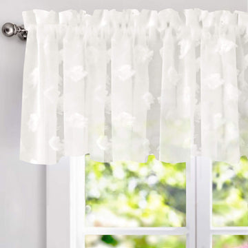 Kitchen Curtain Valance for Windows 18 Inch White Sheer Voile Chiffon Curtains Living Room Embroidered Pom Pom Light