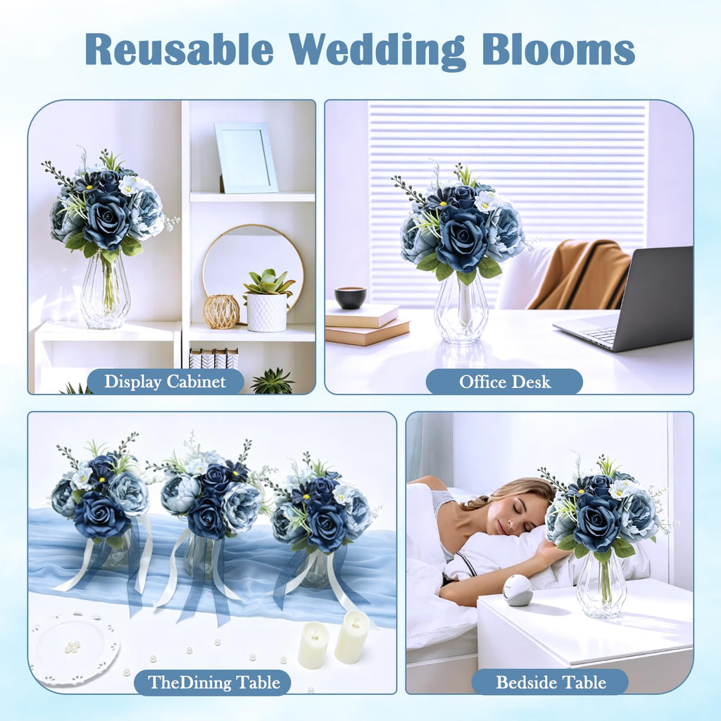 Artificial Bridesmaid Bouquets Set of 4 - NavyBlue 9 Inch Various Flower Bouquet for Wedding Party Ceremony