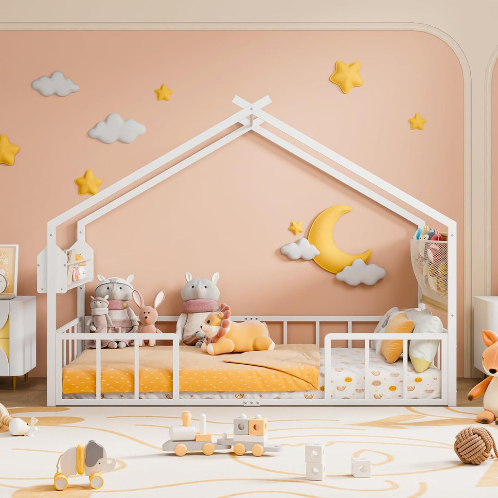 Montessori House Bed with Storage Rack & Stuffed Animal Storage