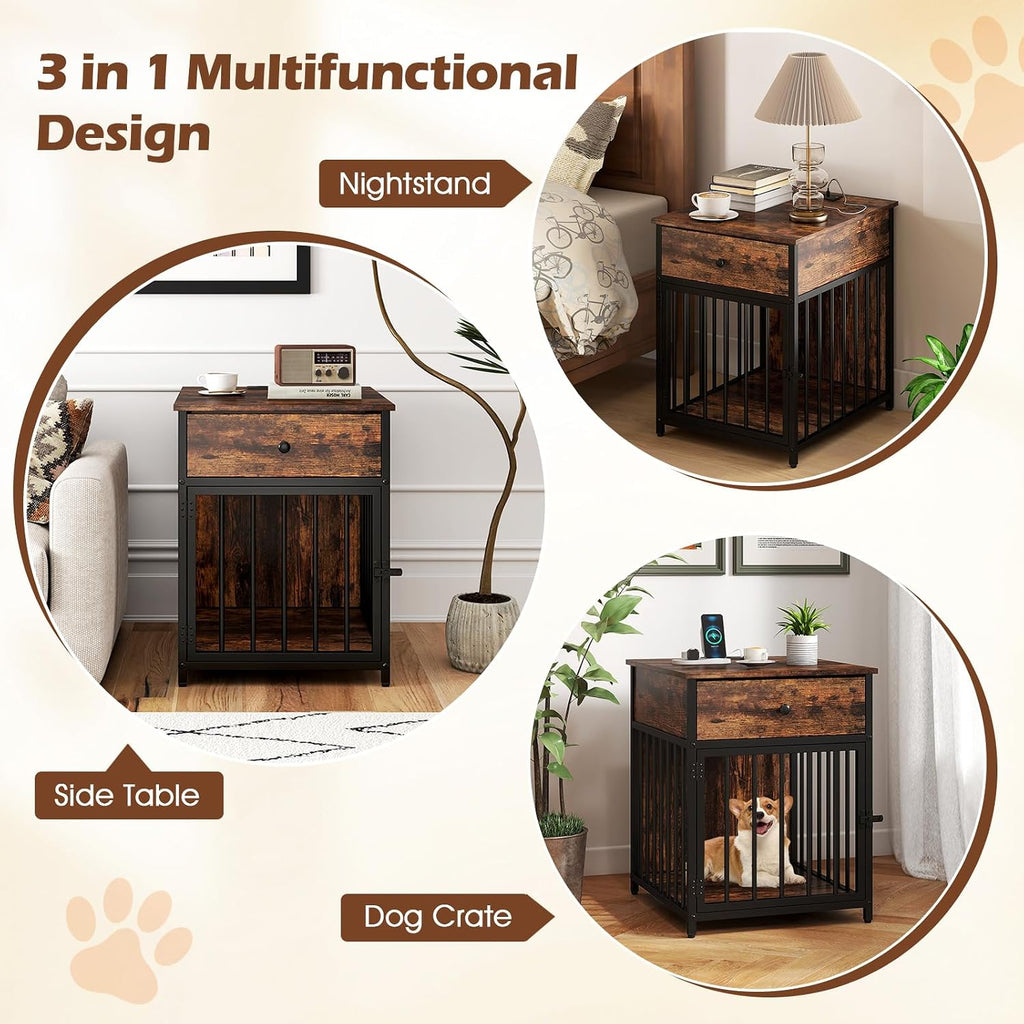 Industrial Dog Crate Furniture with Charging Station, Wooden Dog Kennel with Drawer and Lockable Door, 2 AC Outlets