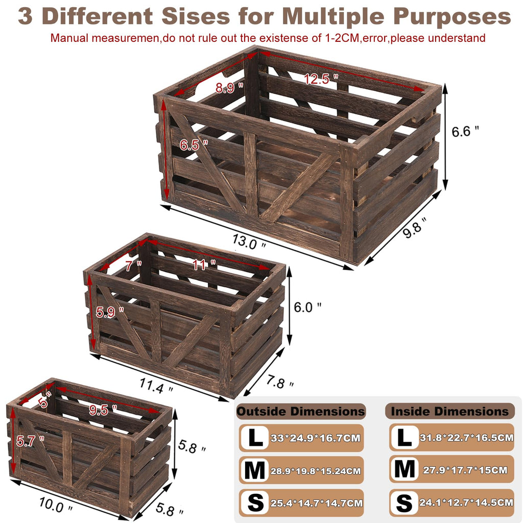 Nested Wooden Storage Crates Set of 3 (L, M, S), Rustic Wood Crate for Storage