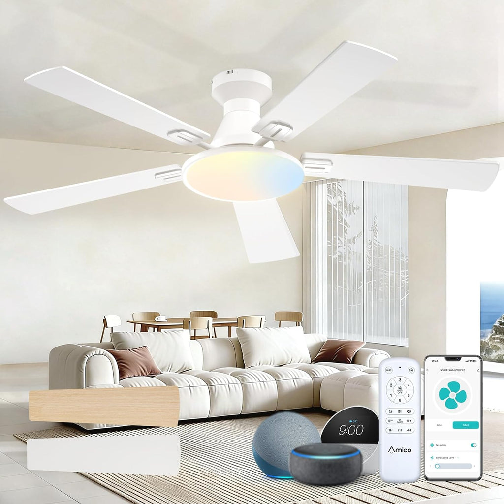Ceiling Fans with Lights, 52 inch Smart Ceiling Fan with Remote/APP/Alexa Control, Flush Mount, Reversible DC Motor