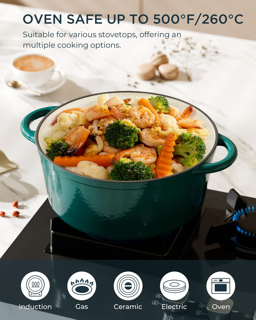 Enameled Cast Iron Dutch Oven, 7.5QT Pot with Lid, Bottle Green