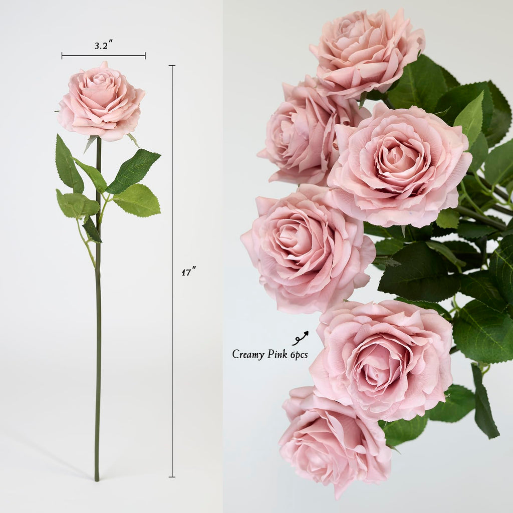 Real Touch Artificial Roses, 6 Stems Faux Flowers (Cream Pink)