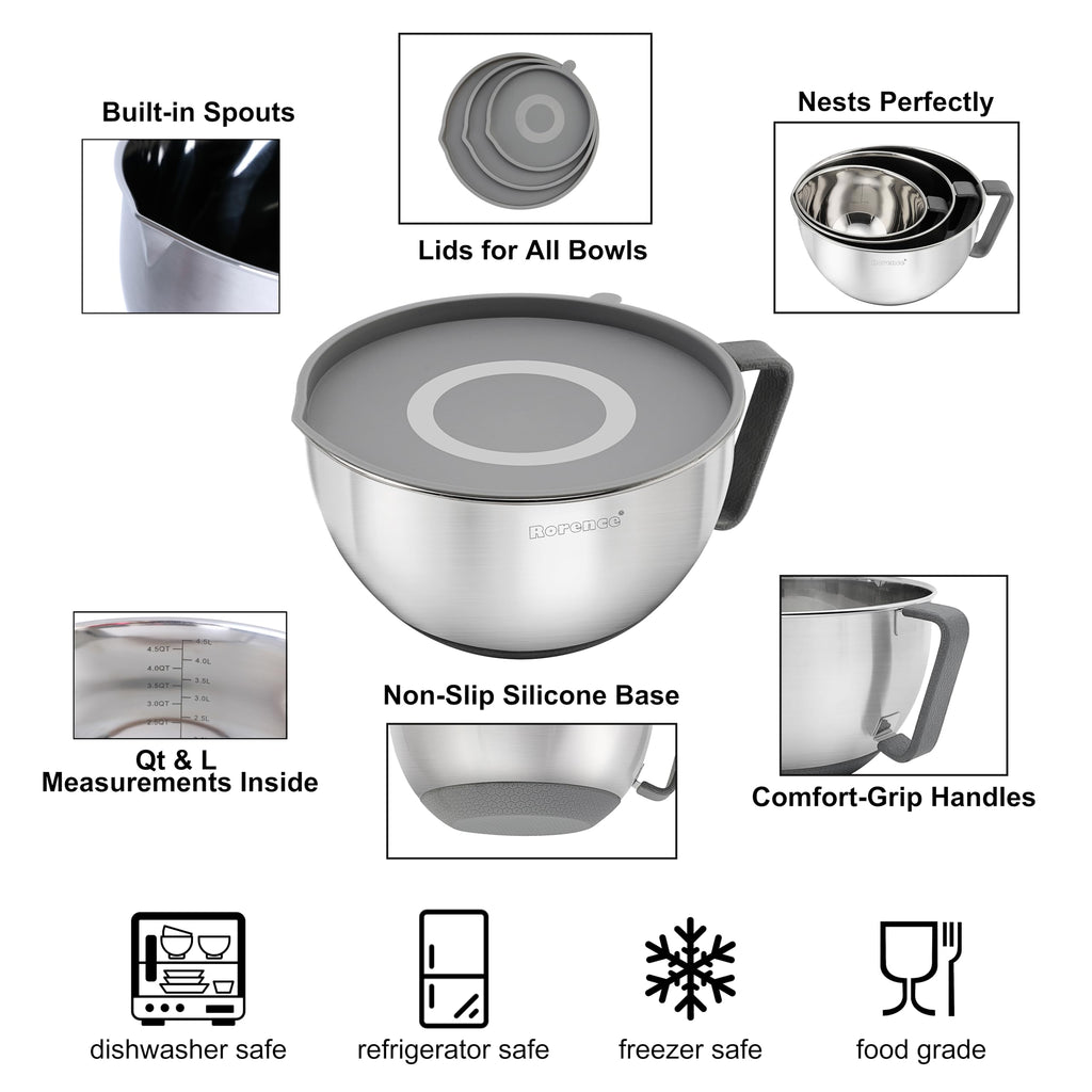 Stainless Steel Mixing Bowls Set with Lids,1.5,3 & 5 Qt,Gray