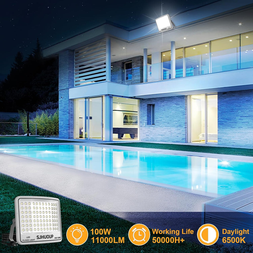 100W Flood Lights Outdoor, 11000LM Super Bright Flood Light Outdoor, LED Flood Lights with Plug,IP67 Waterproof,6500K