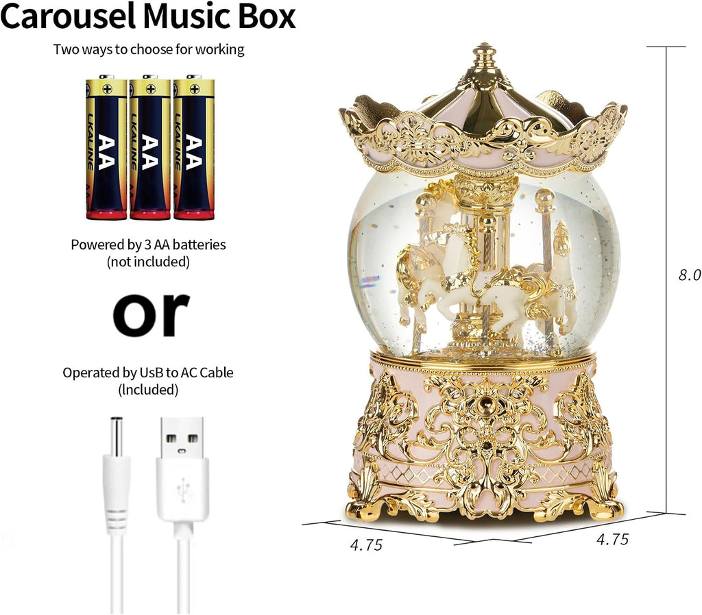 Carousel Musical Snow Globe Princess Unicorn Music Box for Girls Women Baby Kids Sister Daughter Mom Granddaughter