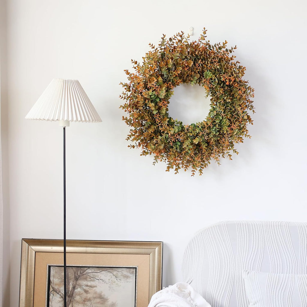 26"Artificial Eucalyptus Wreath with Seed for Front Door Decor(Fall Orange)