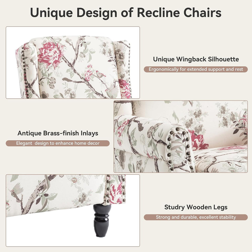 Pushback Recliner Chair, Floral Fabric Wingback Recliner Chair, Upholstered Rivet Trim Armchair Push Back Recliner