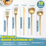 Matte Gold Silverware Set for 6,Modern Stainless Steel Brushed Cutlery Set,30-Pieces Heavy Duty Flatware Set