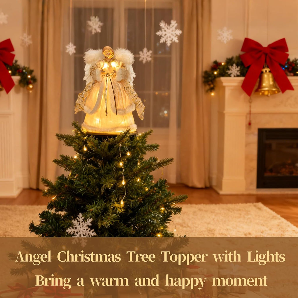 Angel Christmas Tree Topper, 13.7 Inch Angel Tree Topper with Lights, Christmas Tree Topper with White Feather Wings