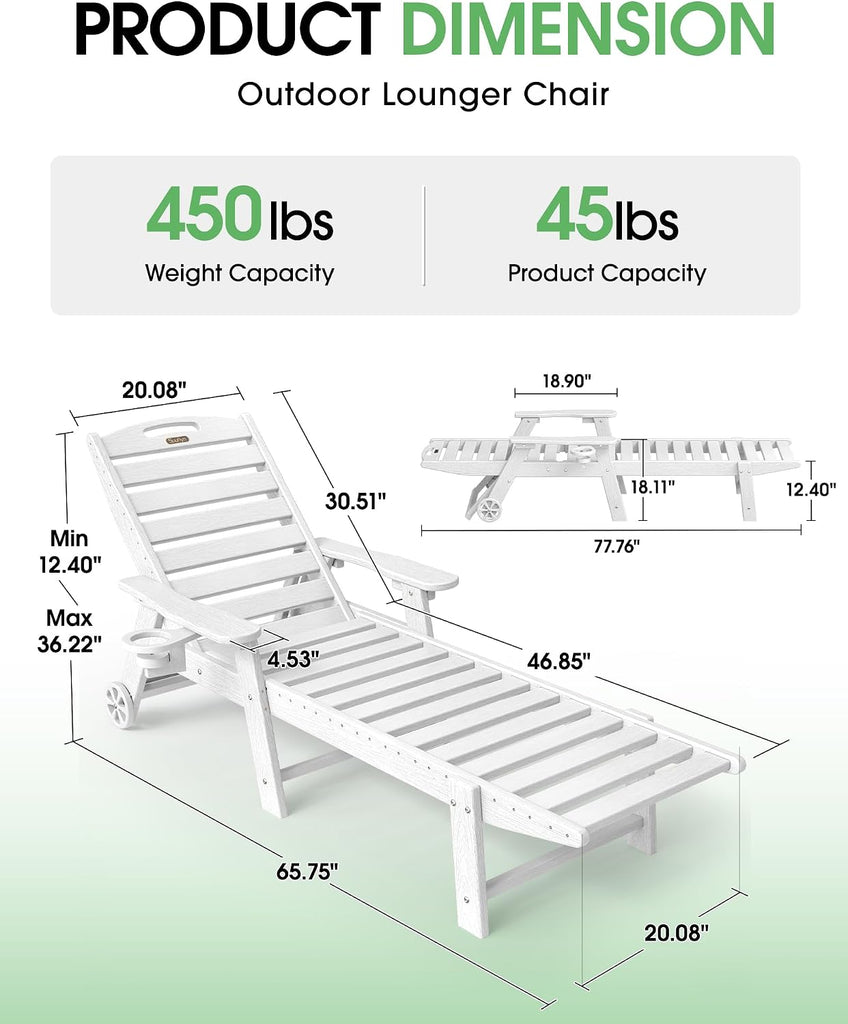 Chaise Lounge Outdoor Set of 2, Lounge Chair Outdoor with Wood Texture, Adjustable 5-Position Backrest, HDPE Lounge