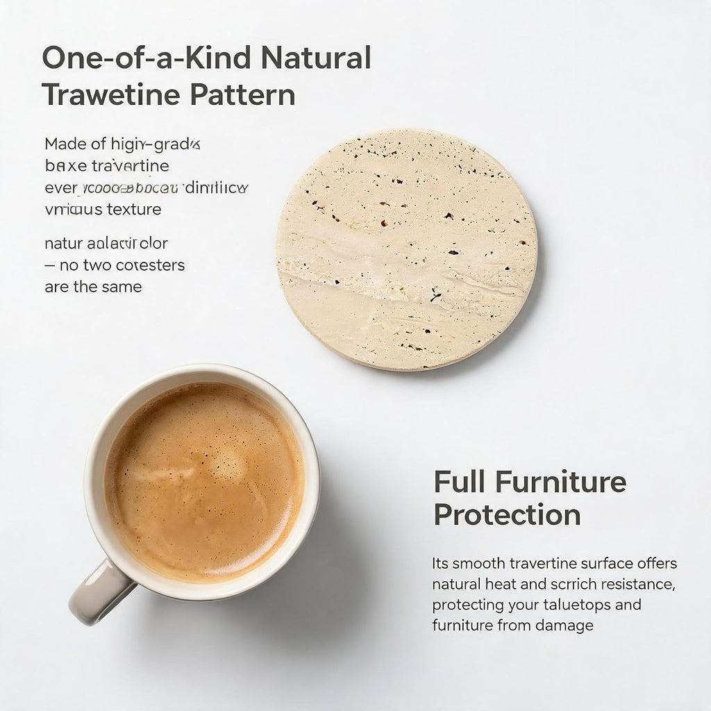 Natural Travertine Marble Coasters 4-Piece Set, Round Coasters, 4 Inches Coffee Table Stone Coasters, Suitable - Set of 4