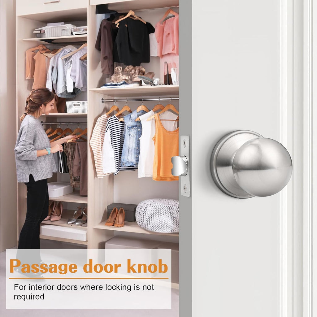 Round Passage Door Knobs Handles for Hall/Closet Brushed Nickel Interior Keyless Door Knobs, 6 Pack