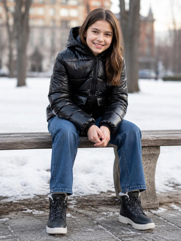 Girls Winter Coat Metallic Shiny Hooded Puffer Jacket