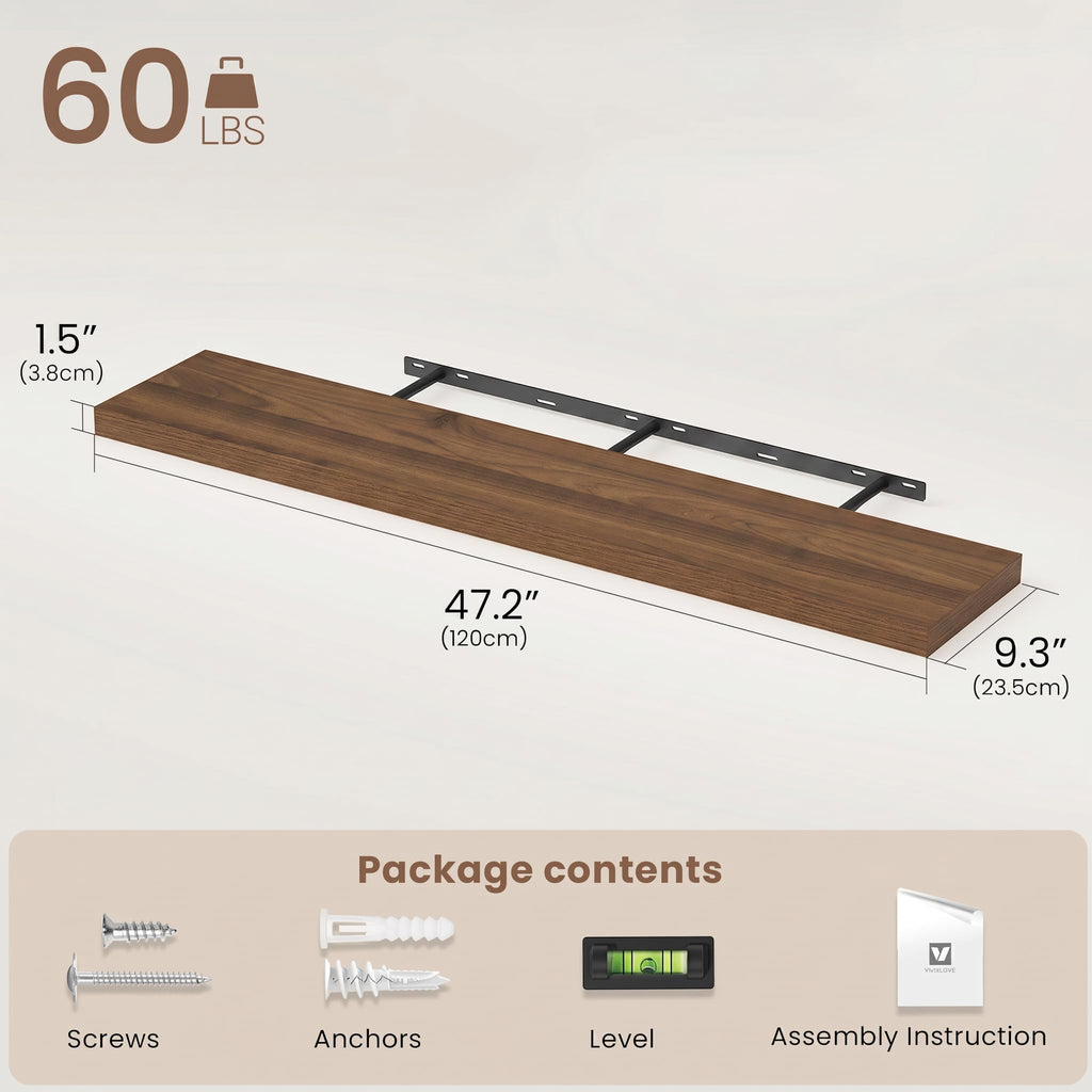 Floating Shelves 9 inch Deep 48"Long Set of 2, Walnut