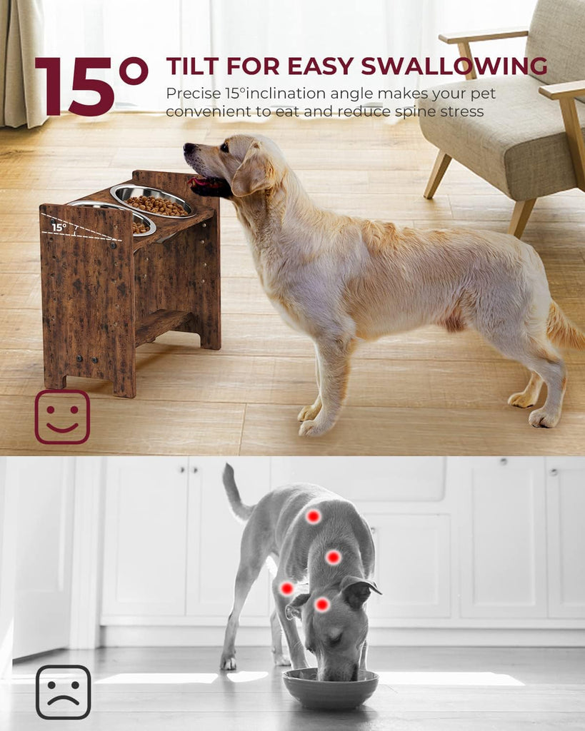 Elevated Dog Bowls, Adjustable Bowl Stand Medium, Rustic Brown