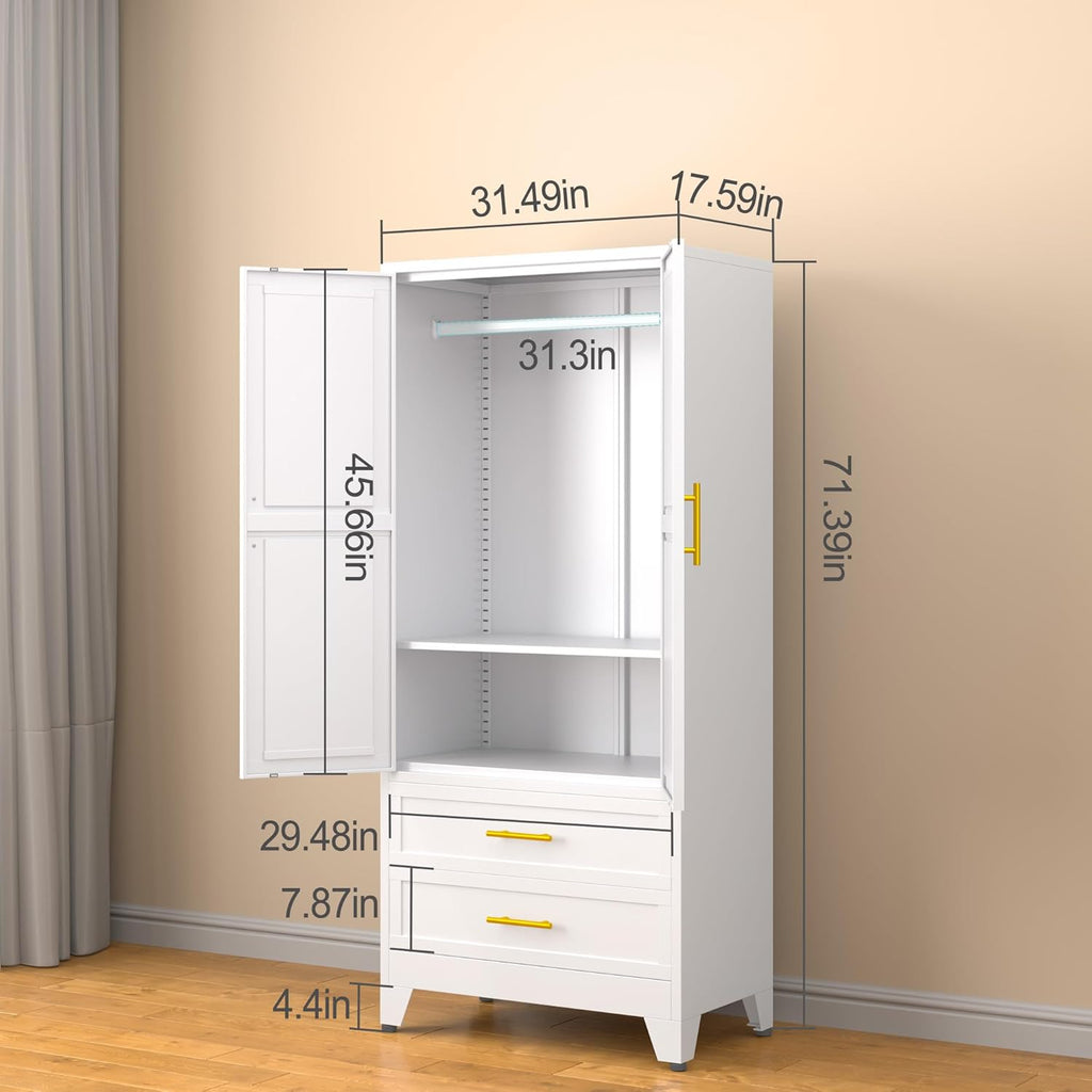 Metal Armoire Wardrobe Closet, 71 "Metal Clothing Storage Cabinet | with Adjustable Shelves and Hanging Rod