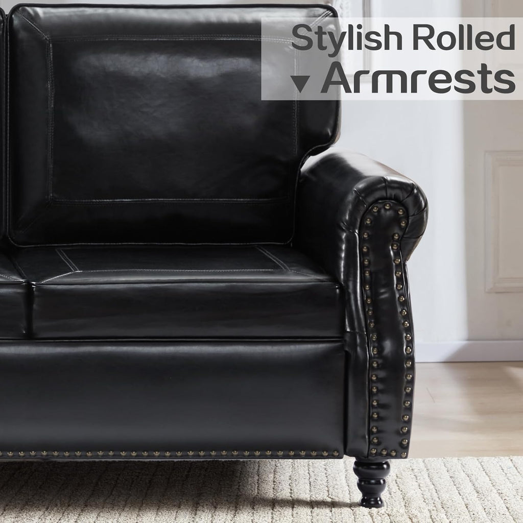 79'' Faux Leather Sofas, Mid Century Modern Couches with Rolled Arm & Nailhead Trim for Small Space, Apartment, Black
